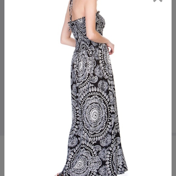 Black Medallion Halter Maxi Dress elasticized top - Picture 3 of 4